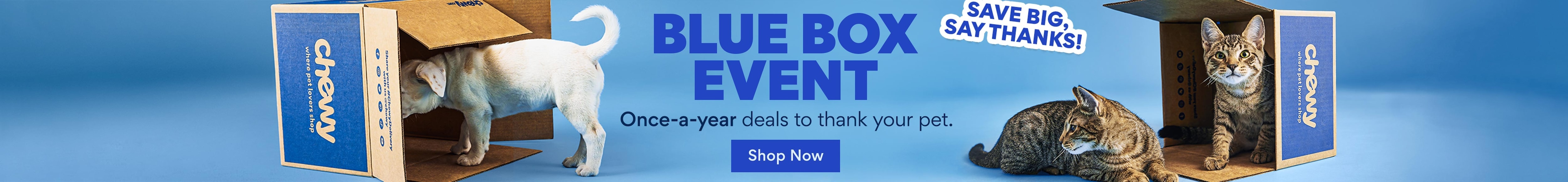 blue box event. once a year deals to thank your pet. shop now