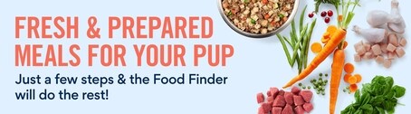 Fresh and prepared meals for your pup.  Just a few steps and the Food Finder will do the Rest!