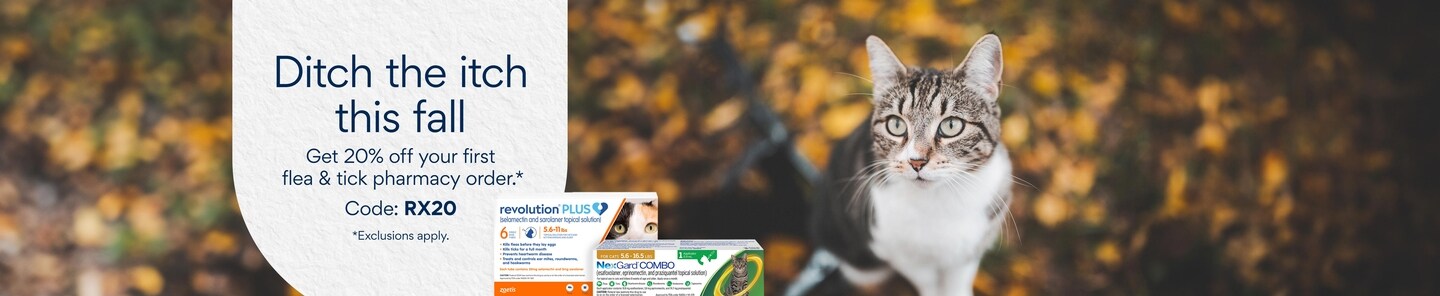 Ditch the itch this fall. Get twenty percent off your first flea and tick pharmacy order* Code: RX20 *Exclusions apply.