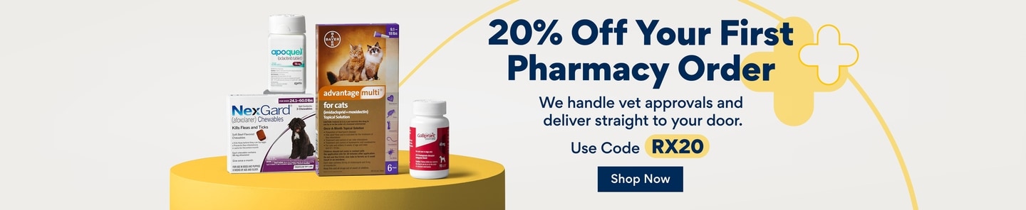 20 percent off your first pharmacy order. we handle vet approvals and deliver straight to your door. use code RX20. shop now