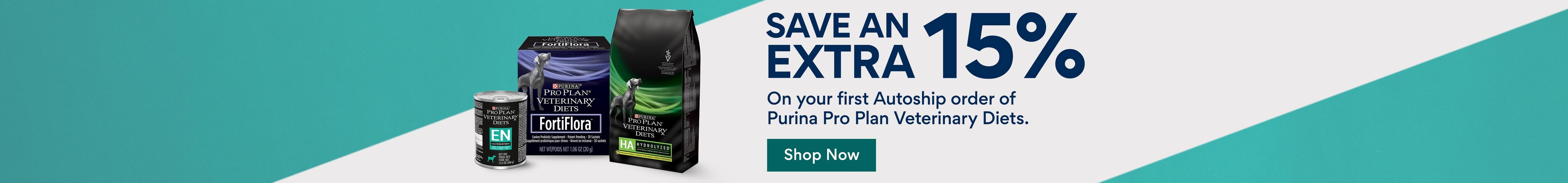 Save an extra fifteen percent off on your first Autoship order of Purina Pro Plan Veterinary Diets. Shop Now.