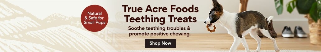 True Acre Foods Teething Treats. Soothe teething troubles & promote positive chewing. Natural & safe for small pups.