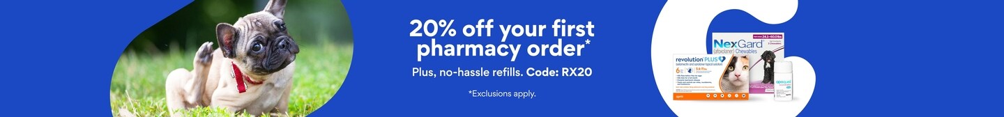 Chewy Pharmacy. We contact your vet and ship your pet's meds to you. Get twenty percent off your first order. Code: RX20